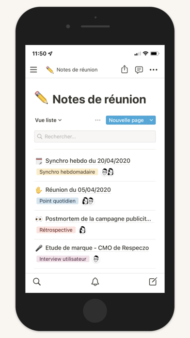 Capture App Store 2 de Notion : Écran de travail : le geste quotidien