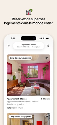 Écran de résultats de recherche Airbnb : cartes de logements avec photos, prix et note