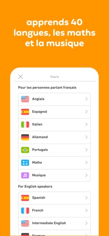 Écran de choix de cours Duolingo : liste des langues disponibles pour les personnes parlant français