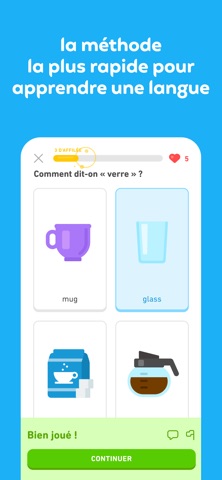 Écran d'exercice Duolingo : question à quatre images avec retour « Bien joué » et bouton Continuer