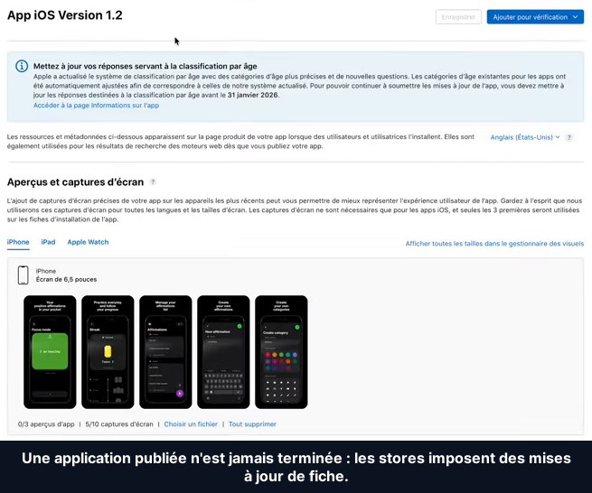 Fiche d'une version iOS dans App Store Connect : mise à jour de classification exigée et captures d'écran de l'application