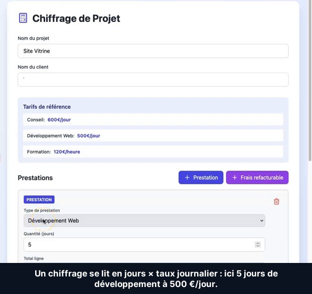 Outil de chiffrage de projet mobile : prestation de développement web de 5 jours à 500 euros par jour, total 2 500 euros
