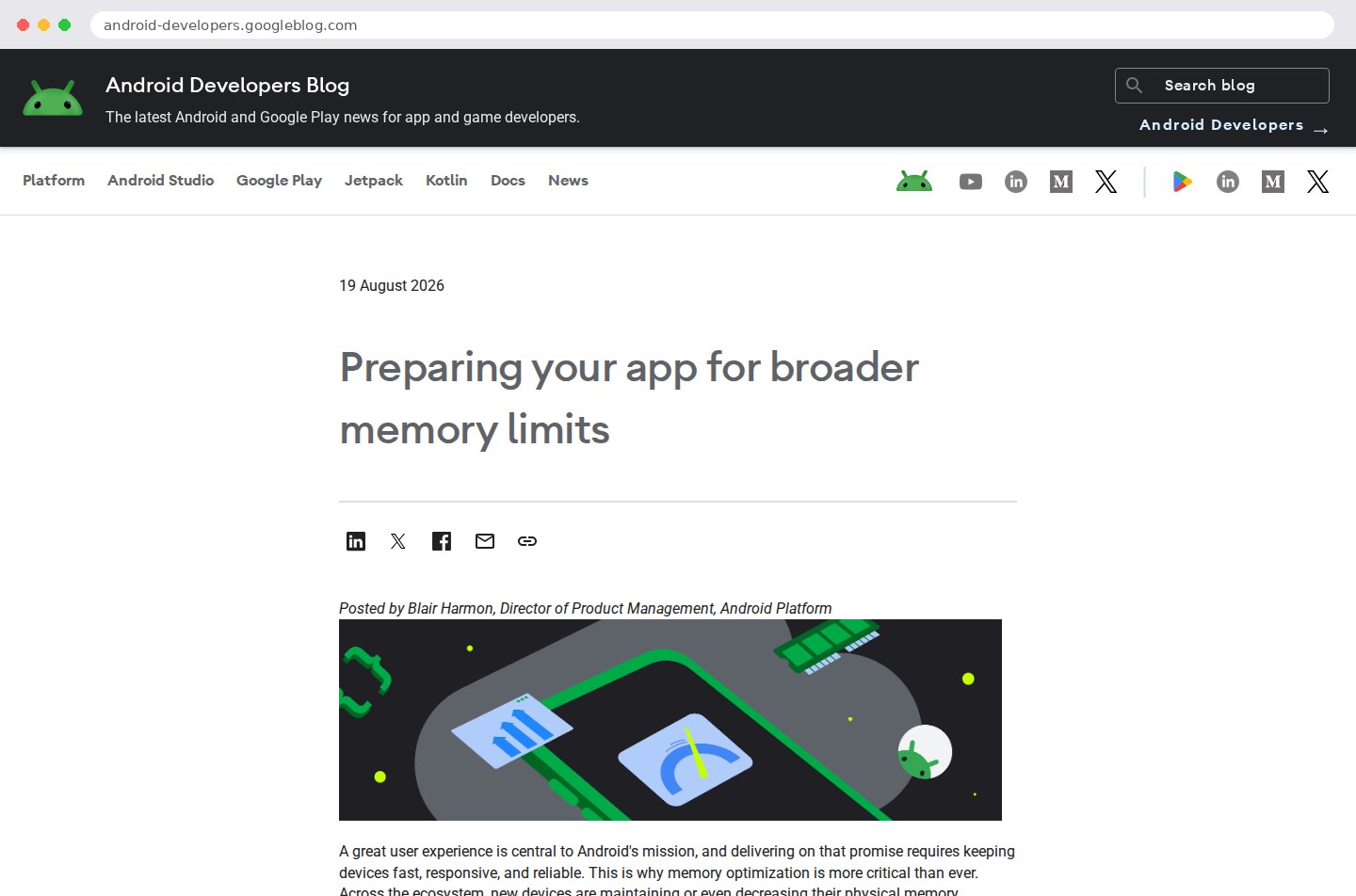Annonce du blog Android Developers sur les limites mémoire