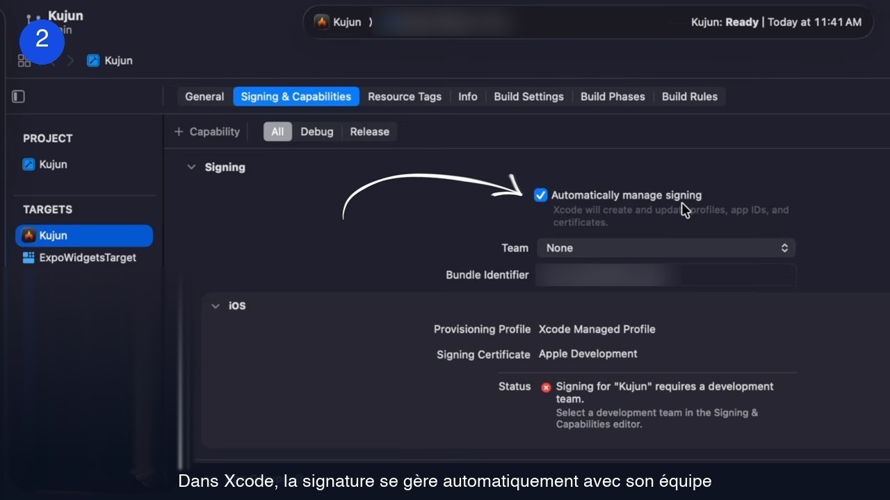 Onglet Signing and Capabilities de Xcode