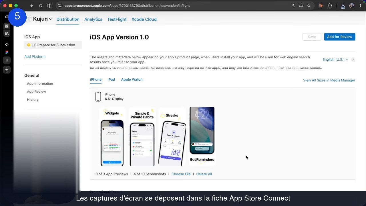 Captures d'écran iPhone déposées dans App Store Connect
