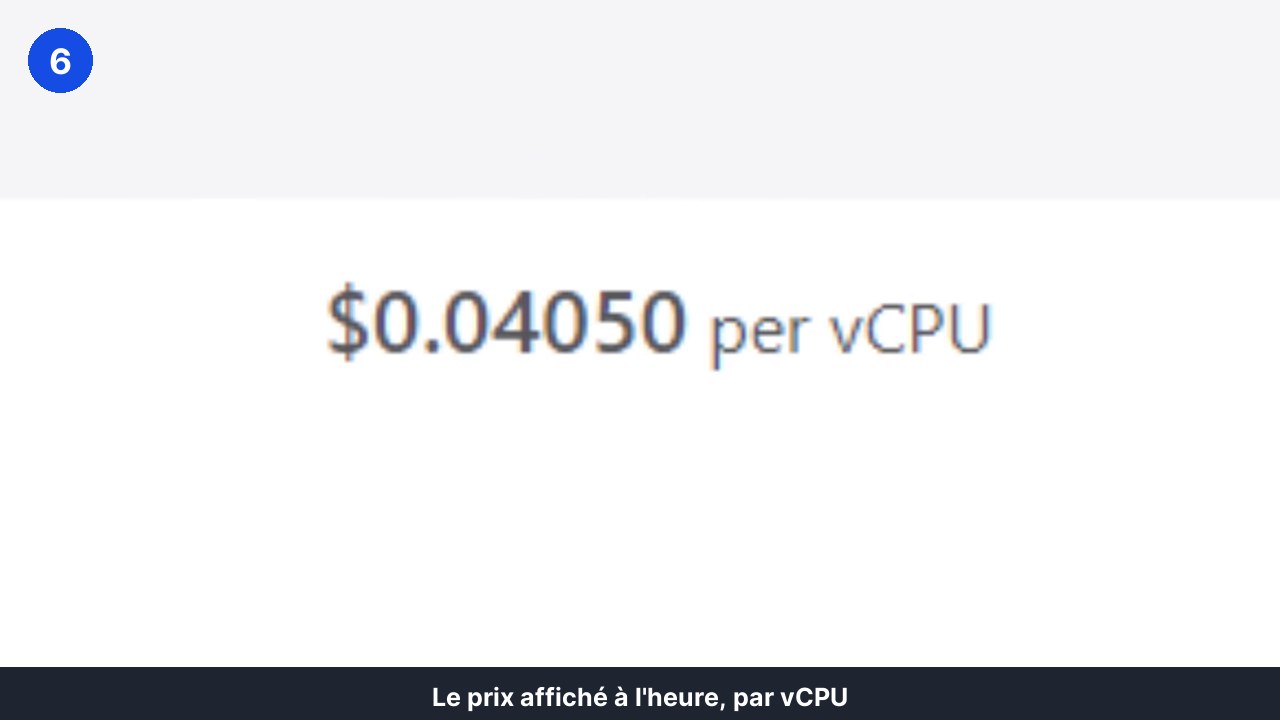 Tarif horaire affiché par vCPU sur une page de facturation d'hébergeur