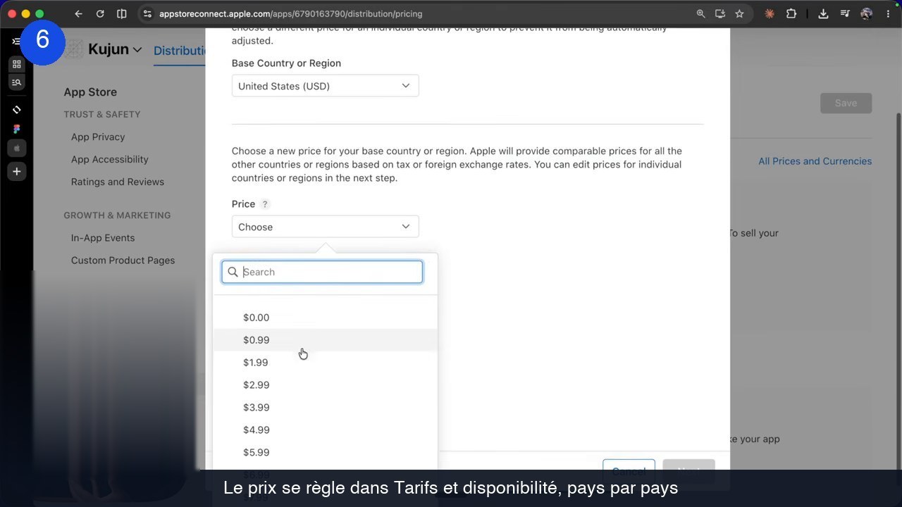 Sélecteur de prix dans App Store Connect