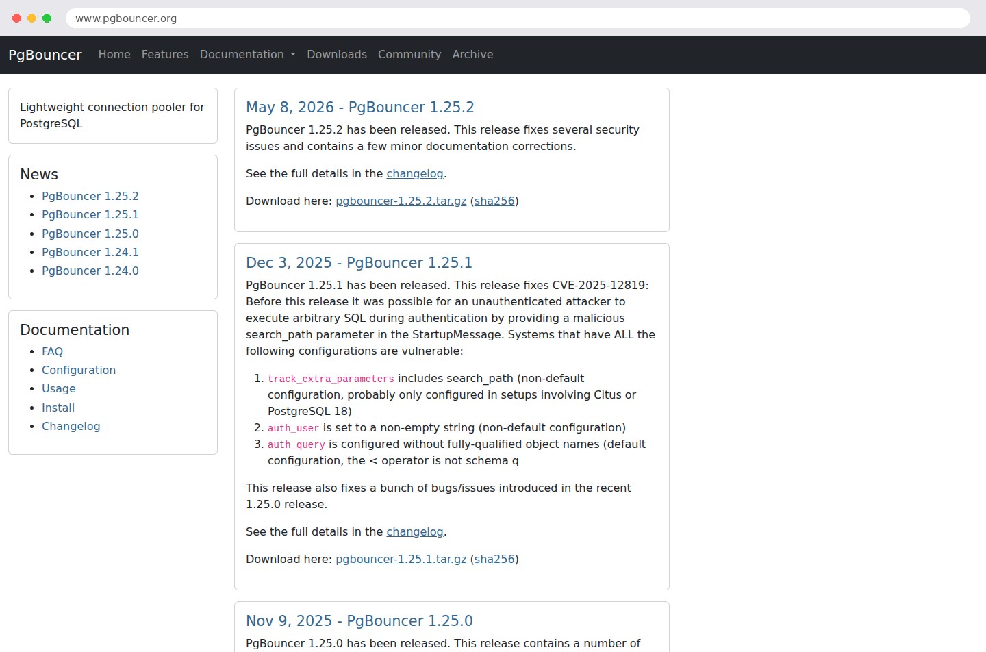 Site officiel de PgBouncer, connection pooler pour PostgreSQL, affiché dans un navigateur