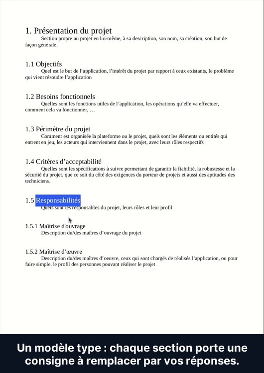 Modèle de cahier des charges en PDF structuré en sections : objectifs, besoins fonctionnels, périmètre et responsabilités