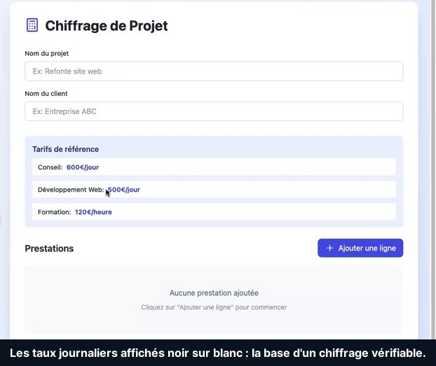 Outil de chiffrage affichant les taux journaliers de référence : conseil 600 euros, développement web 500 euros, formation 120 euros de l'heure