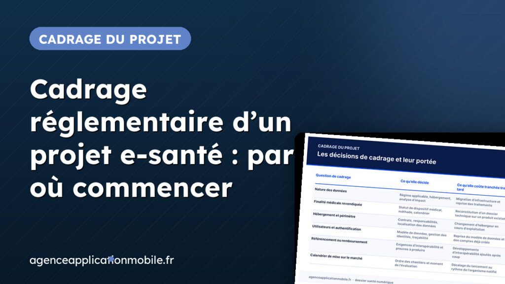 Couverture du dossier santé numérique : Cadrage réglementaire d’un projet e-santé : par où commencer, avec le tableau « Les décisions de cadrage et leur portée » présenté en aperçu incliné sur fond bleu nuit