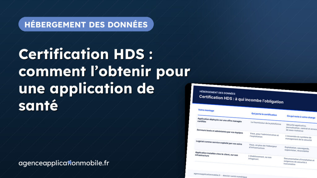Couverture du dossier santé numérique : Certification HDS : comment l’obtenir pour une application de santé, avec le tableau « Certification HDS : à qui incombe l’obligation » présenté en aperçu incliné sur fond bleu nuit