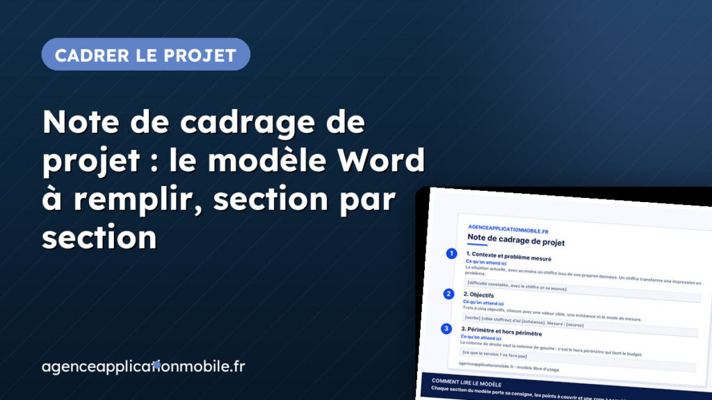 Couverture de la fiche modèle de note de cadrage de projet, avec un aperçu du document Word