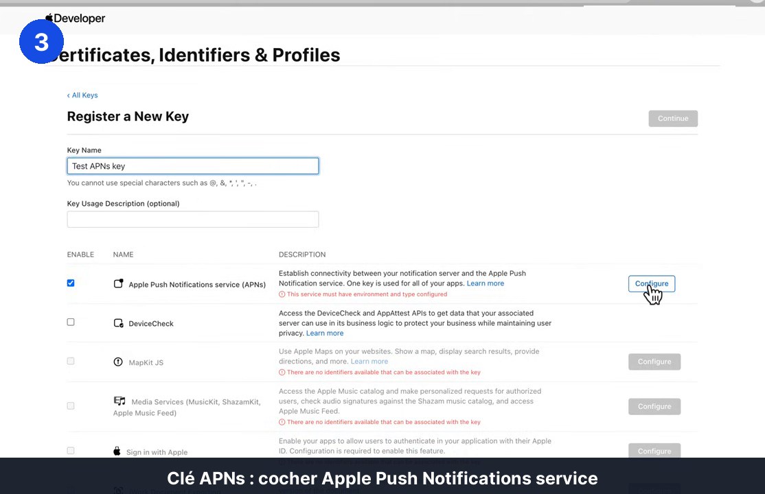 Page Register a New Key du portail développeur Apple, nom de clé saisi et case Apple Push Notifications service cochée