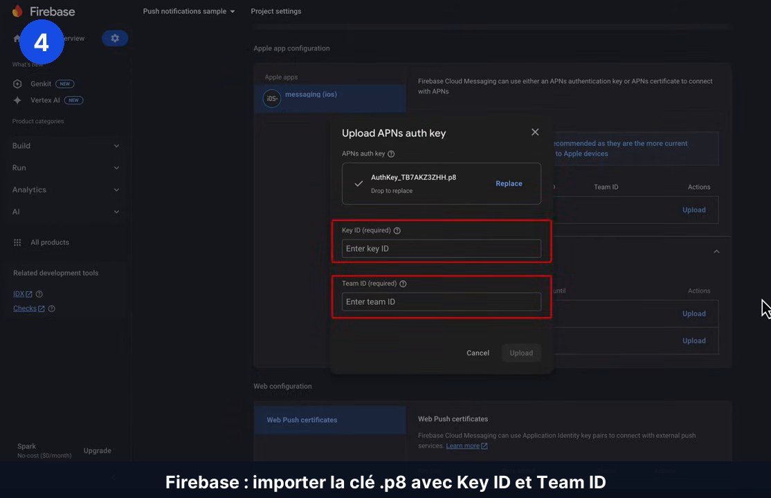 Fenêtre Upload APNs auth key de la console Firebase avec le fichier .p8 chargé et les champs Key ID et Team ID à remplir
