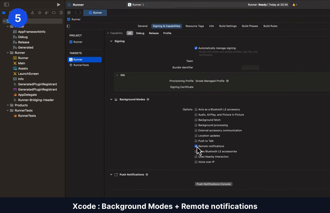 Onglet Signing and Capabilities de Xcode pour la cible Runner : section Background Modes avec Remote notifications cochée et section Push Notifications ajoutée