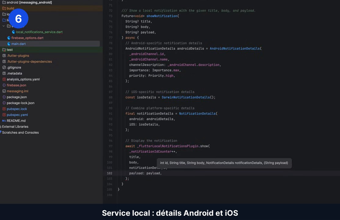 Code Dart de la méthode showNotification : AndroidNotificationDetails avec canal, importance et priorité, DarwinNotificationDetails pour iOS, puis appel show du plugin