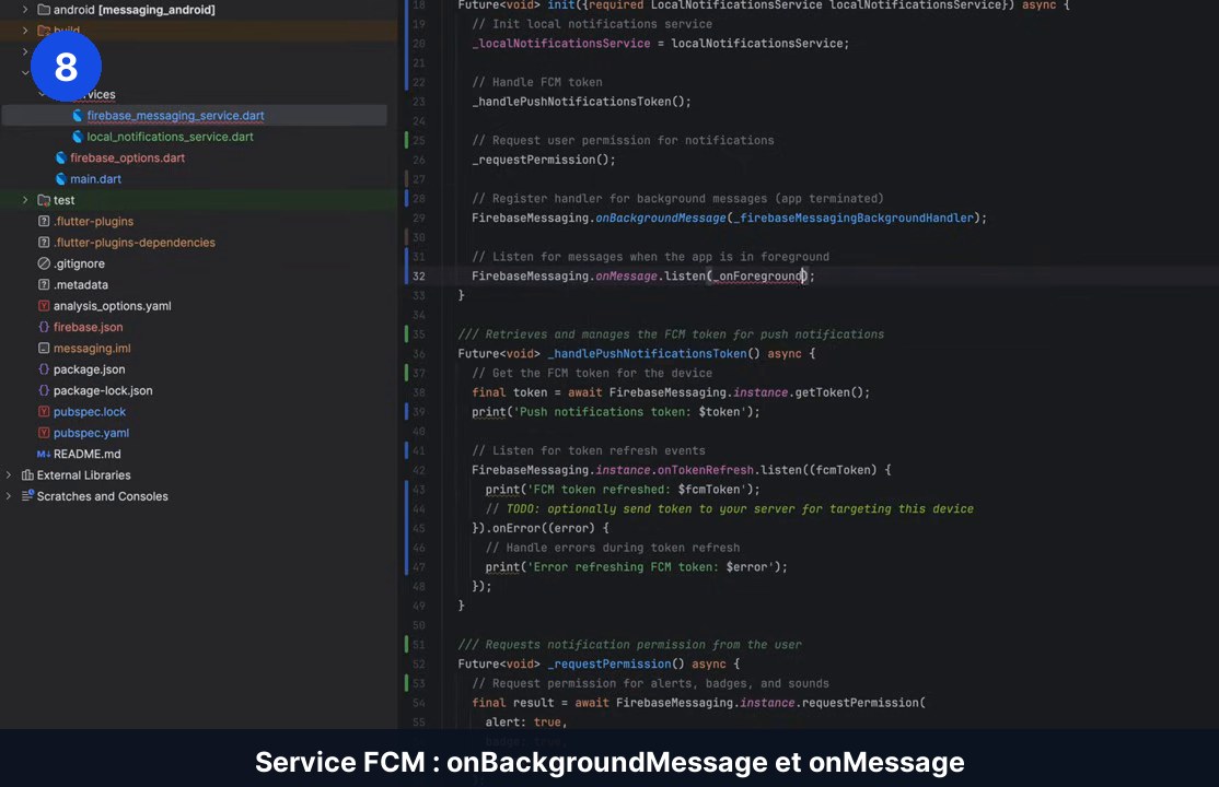 Code Dart du service Firebase Messaging : méthode init avec gestion du jeton, demande de permission, onBackgroundMessage et onMessage.listen