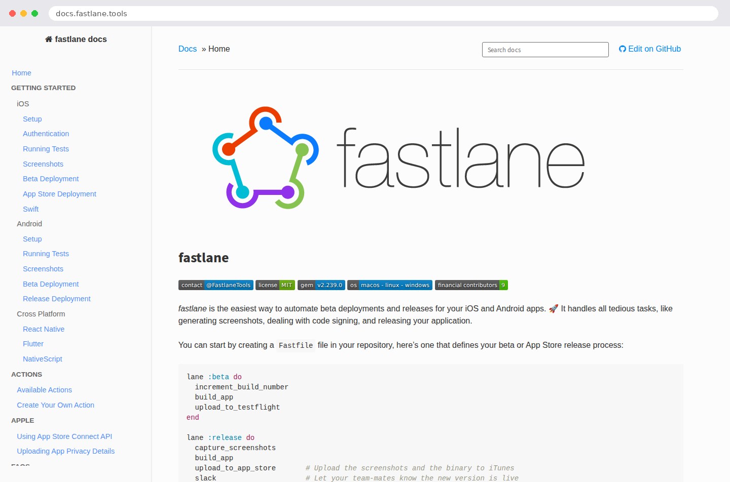Documentation officielle de Fastlane ouverte dans un navigateur, avec le sommaire des guides iOS, Android et multiplateformes