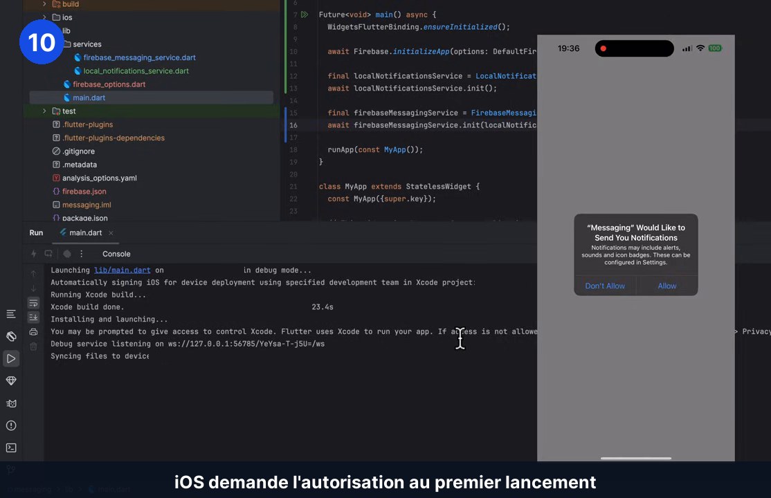 iPhone en miroir à côté du code main.dart : boîte de dialogue iOS demandant l’autorisation d’envoyer des notifications, boutons Don’t Allow et Allow