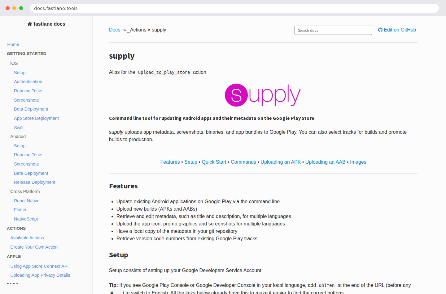 Page de documentation de l'action supply de Fastlane affichée dans un navigateur, avec sa liste de fonctionnalités