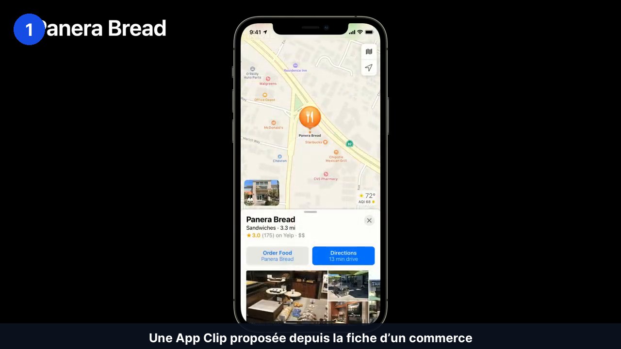 Fiche d’un restaurant dans Maps affichant un bouton d’action pour commander, qui ouvre une App Clip