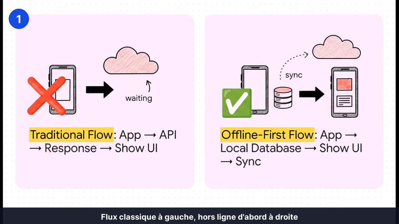 Comparaison de deux flux de données : à gauche application vers interface de programmation puis réponse puis affichage, à droite application vers base locale puis affichage puis synchronisation