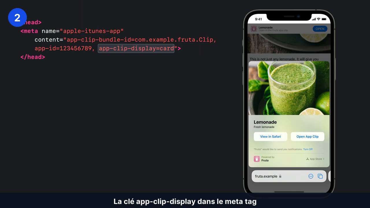 Balise meta apple-itunes-app avec la clé app-clip-display réglée sur card, et le rendu de la carte App Clip dans Safari