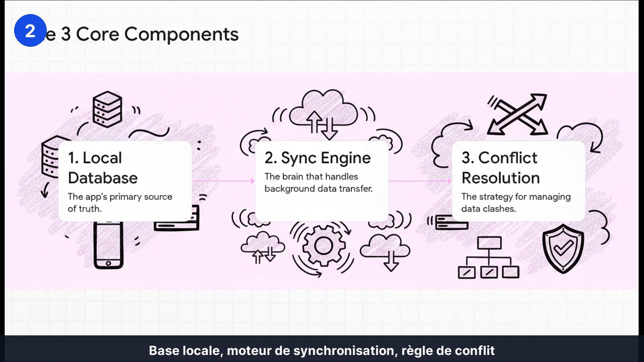Schéma des trois composants d’une application hors ligne : base de données locale, moteur de synchronisation, résolution des conflits