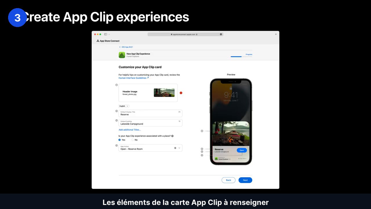 Écran App Store Connect de personnalisation d’une carte App Clip avec image d’en-tête, titre, sous-titre et action, et un aperçu sur iPhone
