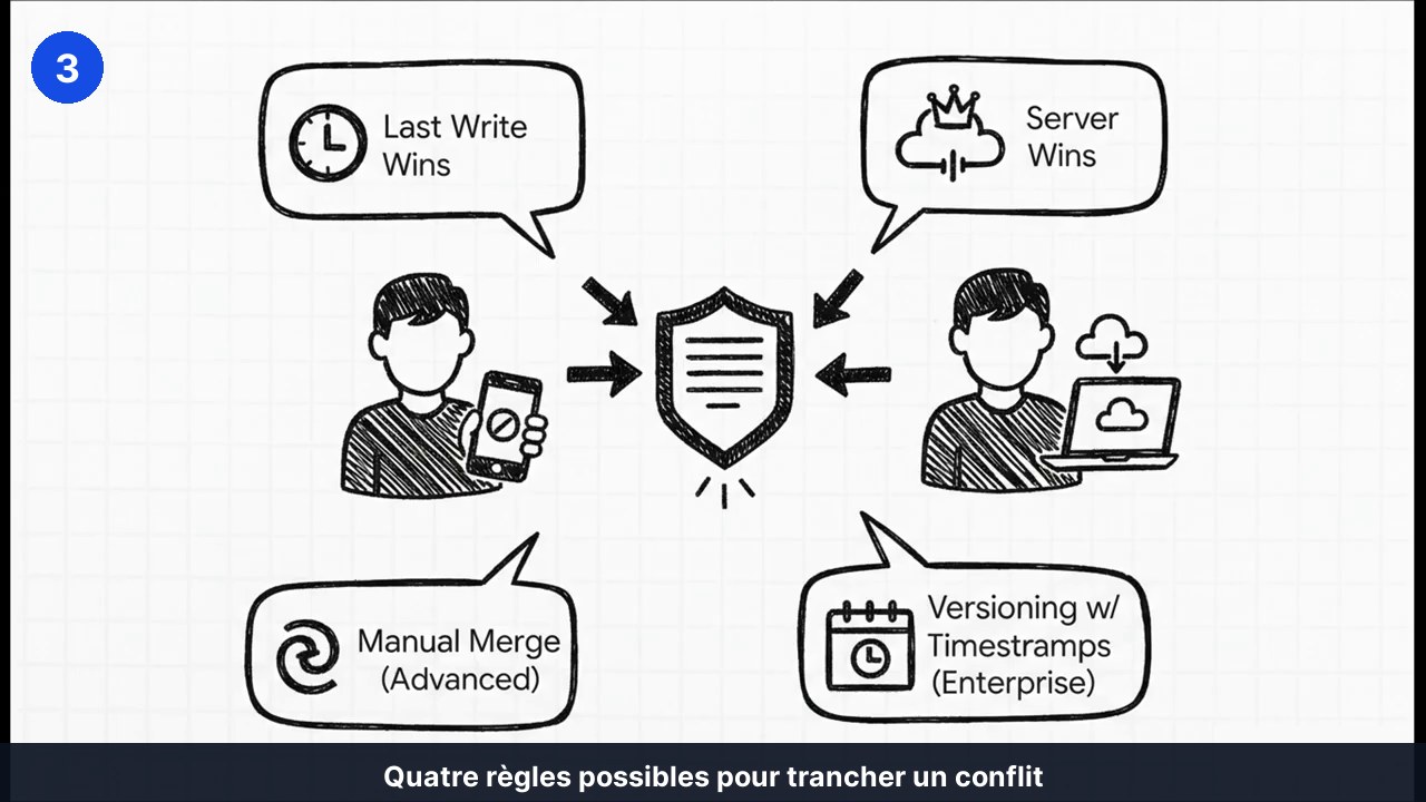 Quatre stratégies de résolution de conflit présentées autour d’un document : dernière écriture gagnante, le serveur gagne, fusion manuelle, versionnement avec horodatage