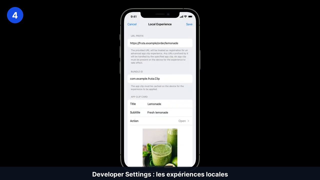 Formulaire Local Experience sur iPhone avec les champs préfixe d’URL, identifiant de bundle, titre, sous-titre et action