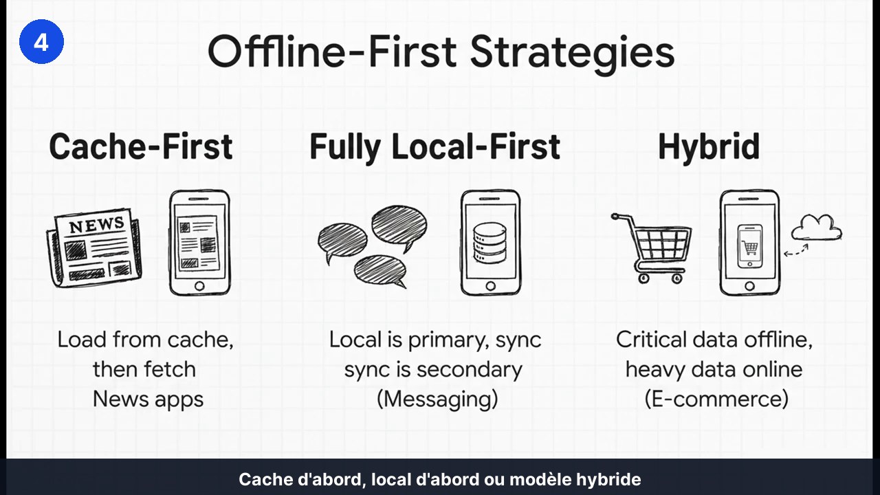 Trois stratégies hors ligne comparées : cache d’abord pour les applications d’actualités, tout en local d’abord pour la messagerie, hybride pour le commerce en ligne