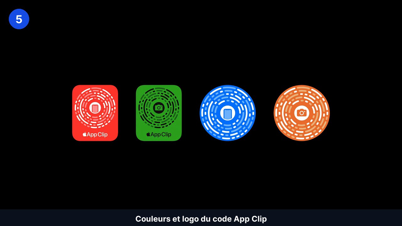 Quatre codes App Clip de couleurs différentes, deux avec le libellé App Clip visible et deux sans