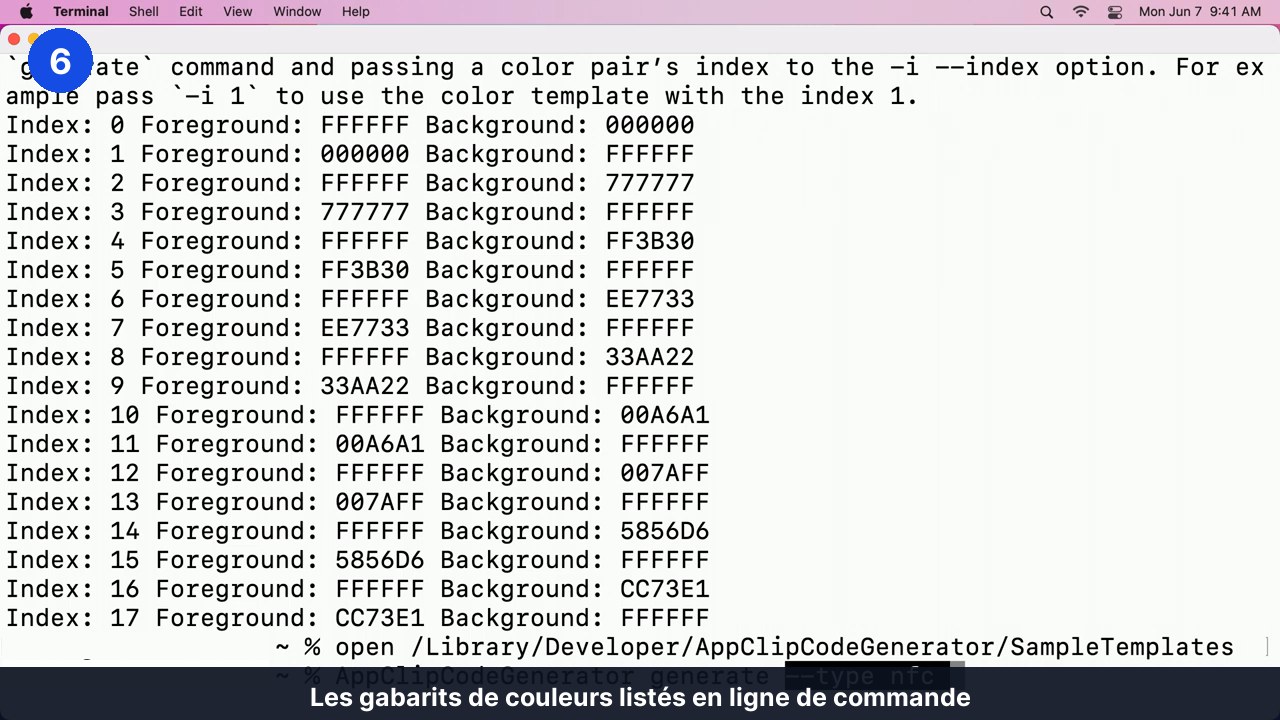 Terminal affichant la liste des gabarits de couleurs du générateur de codes App Clip avec leurs index