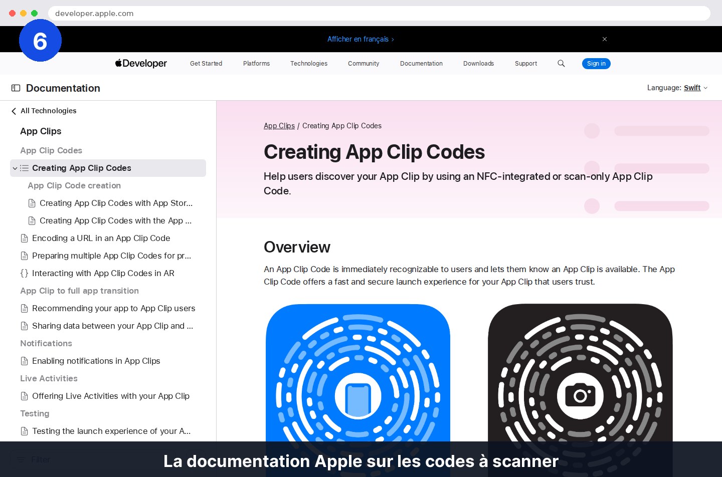 Page de documentation Apple consacrée à la création des codes App Clip, montrant les variantes NFC et scan seul