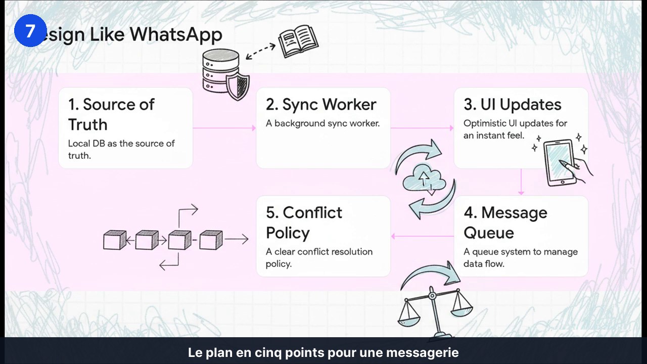 Plan en cinq étapes : source de vérité locale, processus de synchronisation en arrière plan, mises à jour optimistes de l’interface, file d’attente des messages, politique de conflit